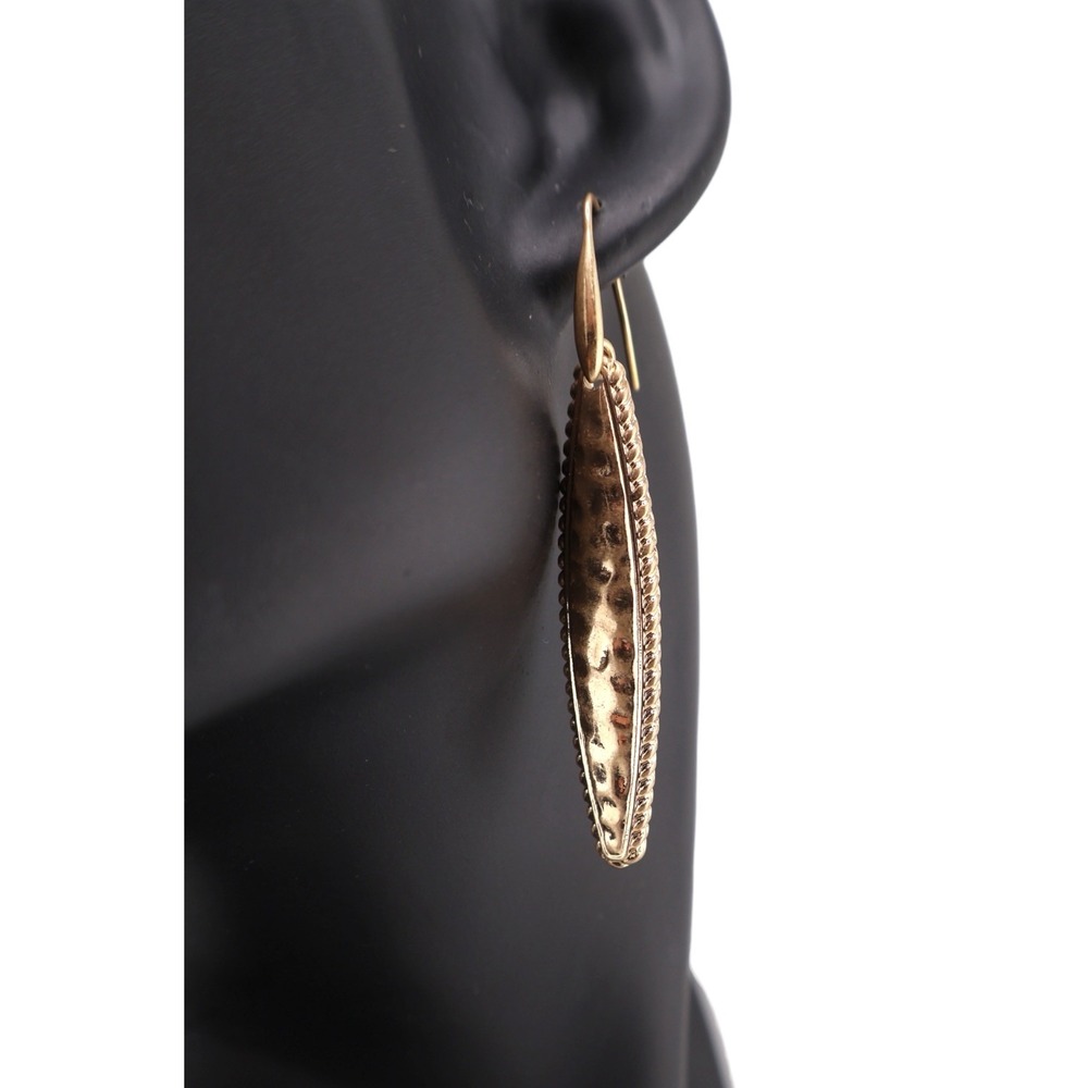 The Sak Long Feather Drop Earrings Hammered Gold Crystal Recycled Metal NWT